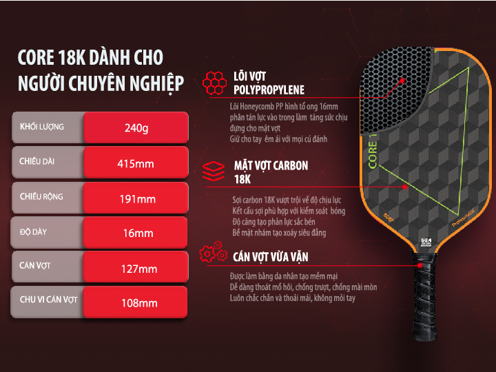 Vợt pickleball CORE 18K