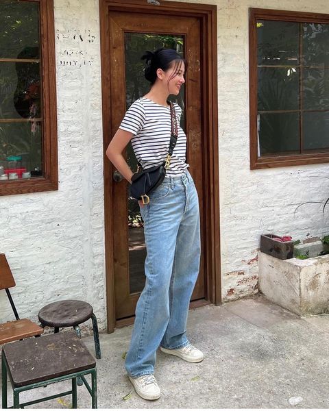 Hoa hậu Phương Khánh in Grandpa Jeans and Blue Stripe