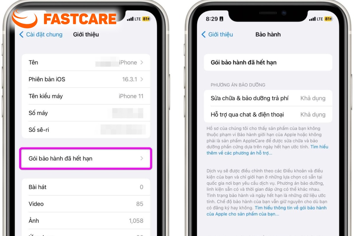 Minh họa tra cứu thông tin bảo hành iPhone trước khi sửa