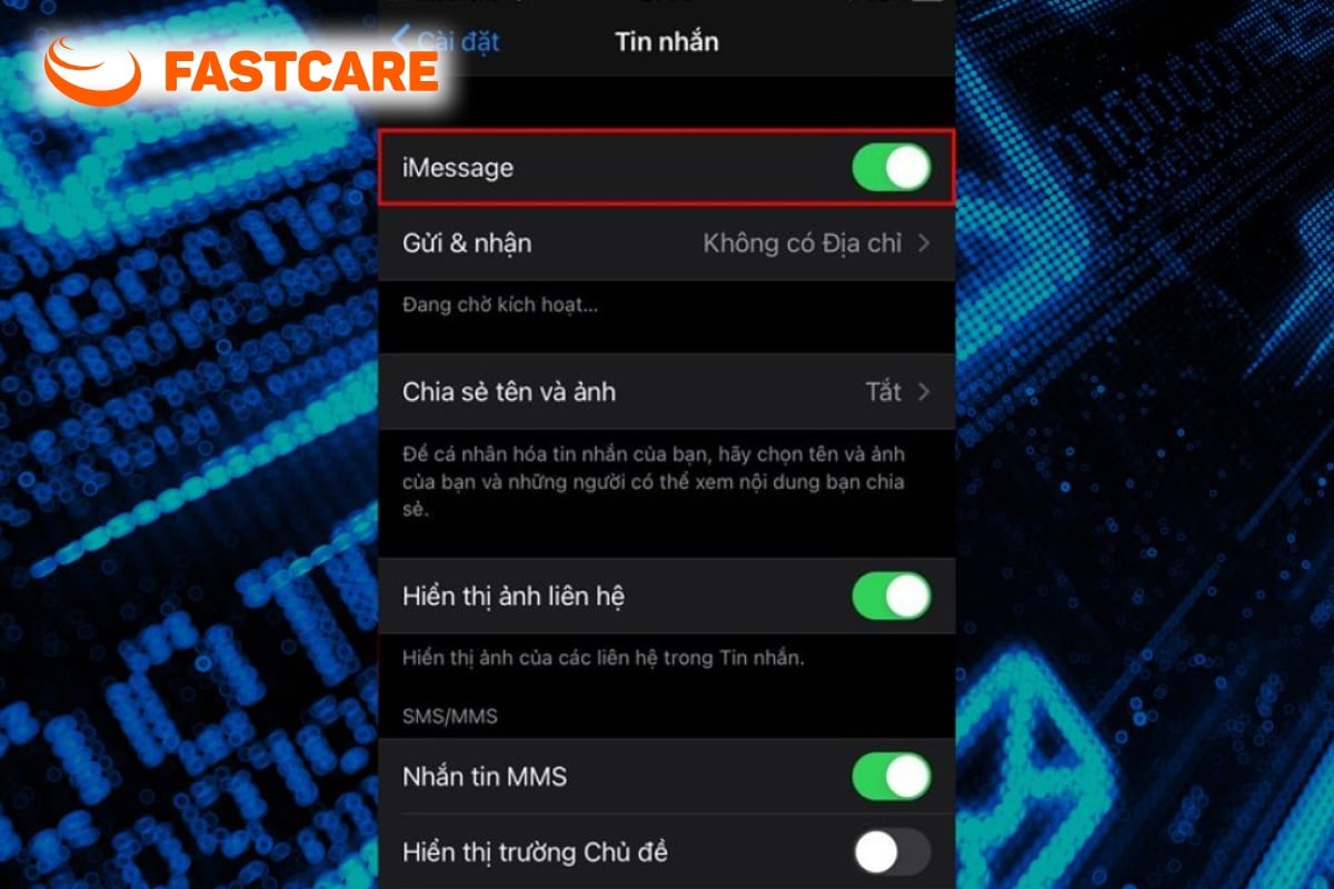 Minh họa kiểm tra kích hoạt và địa chỉ gửi iMessage