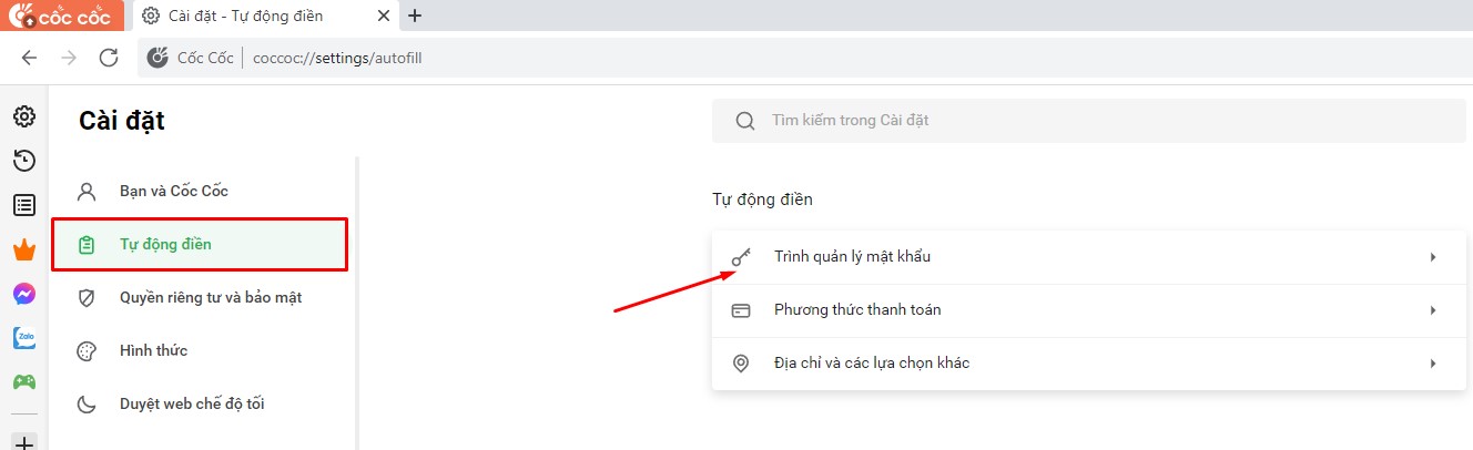Mở trình quản lý mật khẩu trên Cốc Cốc
