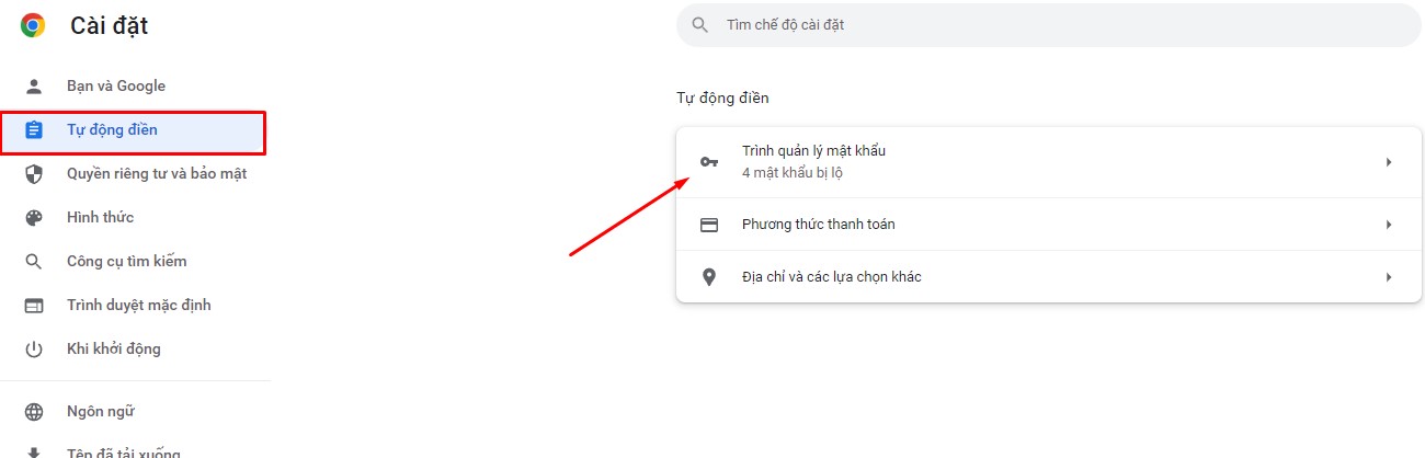Tìm trình quản lý mật khẩu trong cài đặt Chrome