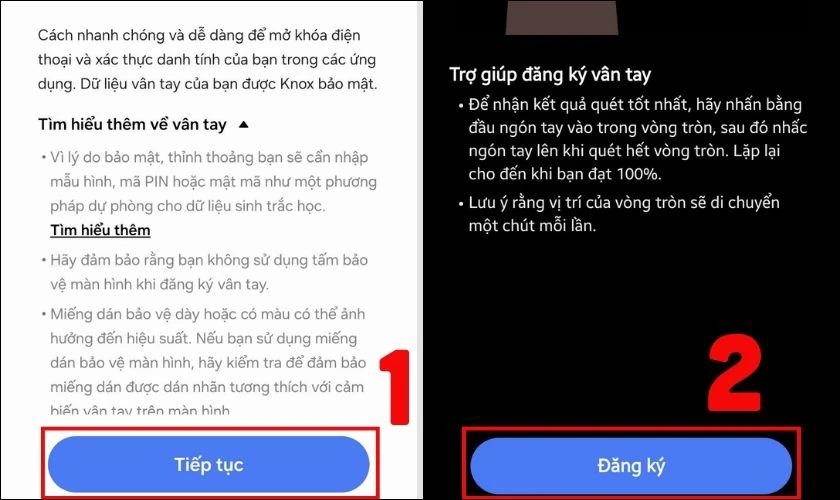 Bạn chọn Đăng ký để bắt đầu quét dấu vân tay