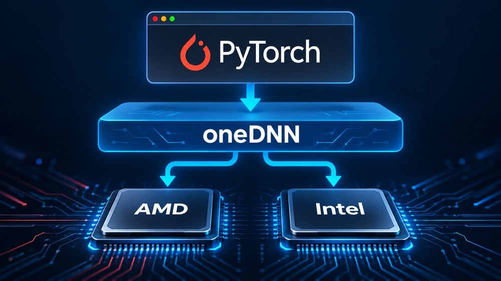 Sơ đồ minh họa PyTorch dùng lớp oneDNN chung để tiếp cận CPU AMD và Intel