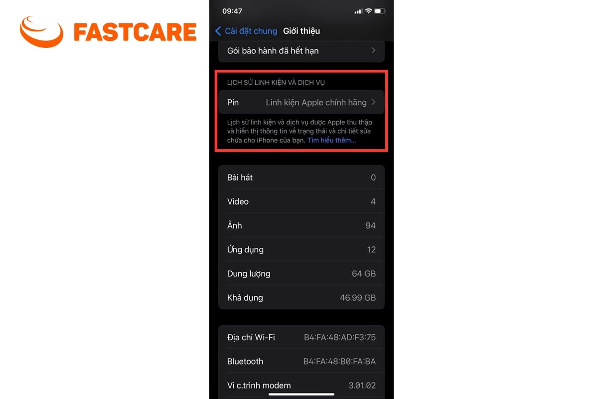 Minh họa đọc thông báo linh kiện và dịch vụ trên iPhone
