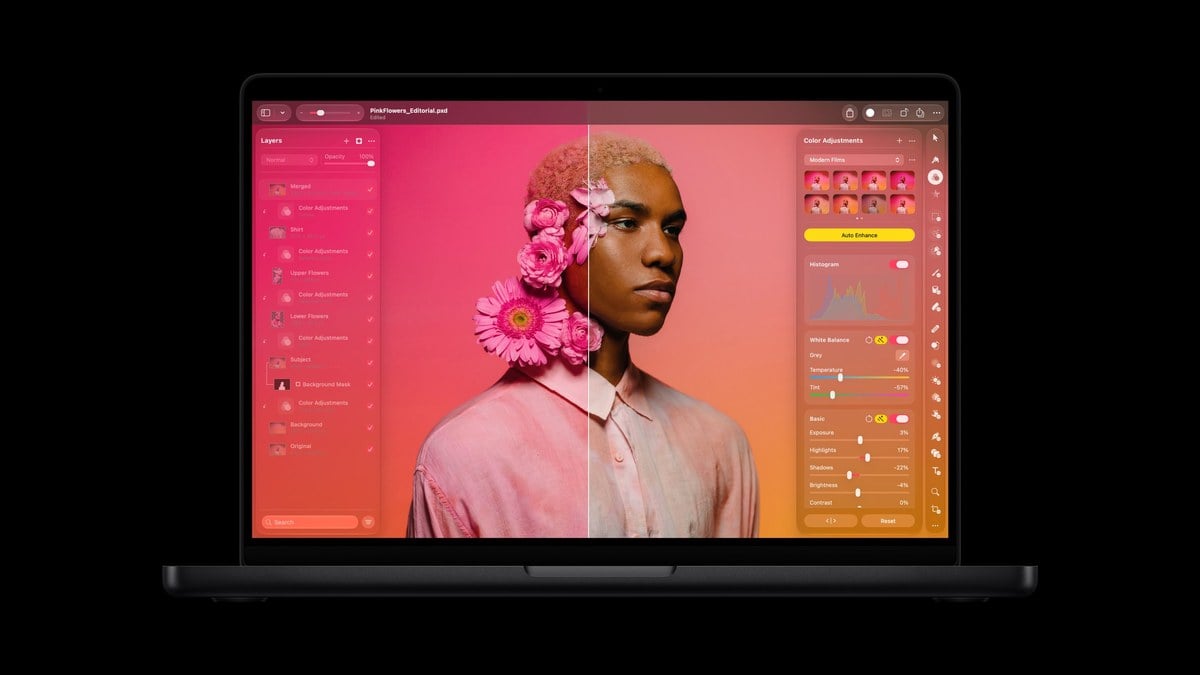 Màn hình MacBook Pro M6 nổi bật trên nền thân máy tối màu