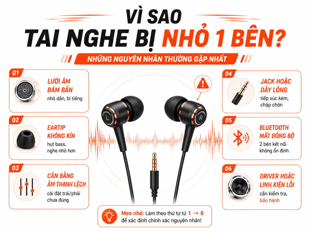 Vì sao tai nghe bị nhỏ một bên?