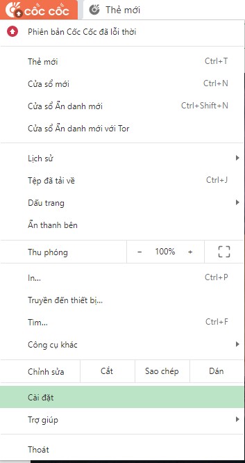 Mở phần cài đặt của trình duyệt Cốc Cốc