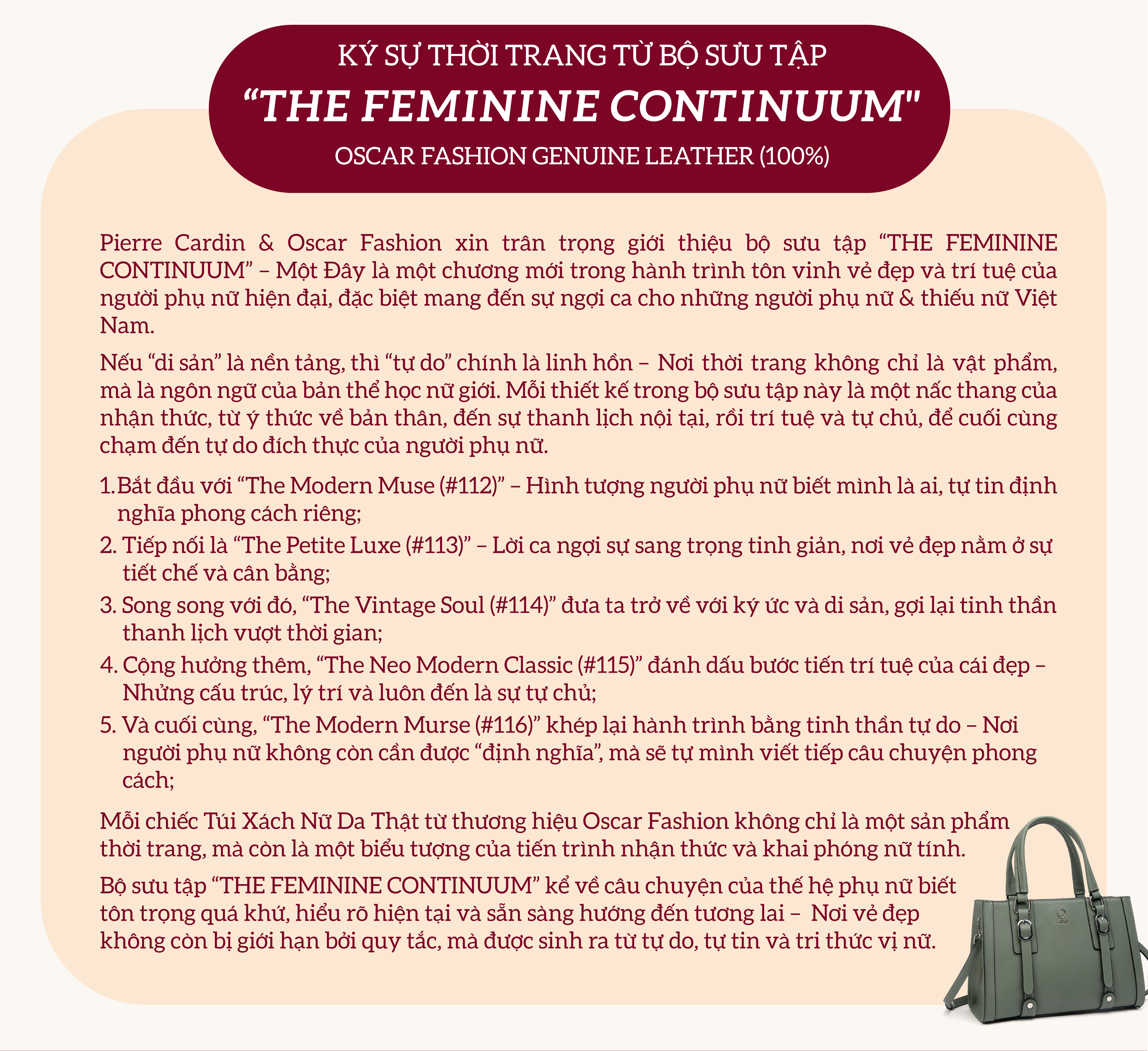 Pierre Cardin & Oscar Fashion | BỘ SƯU TẬP FEMININE CONTINUUM - GENUINE LEATHER COLLECTIONS (100%)