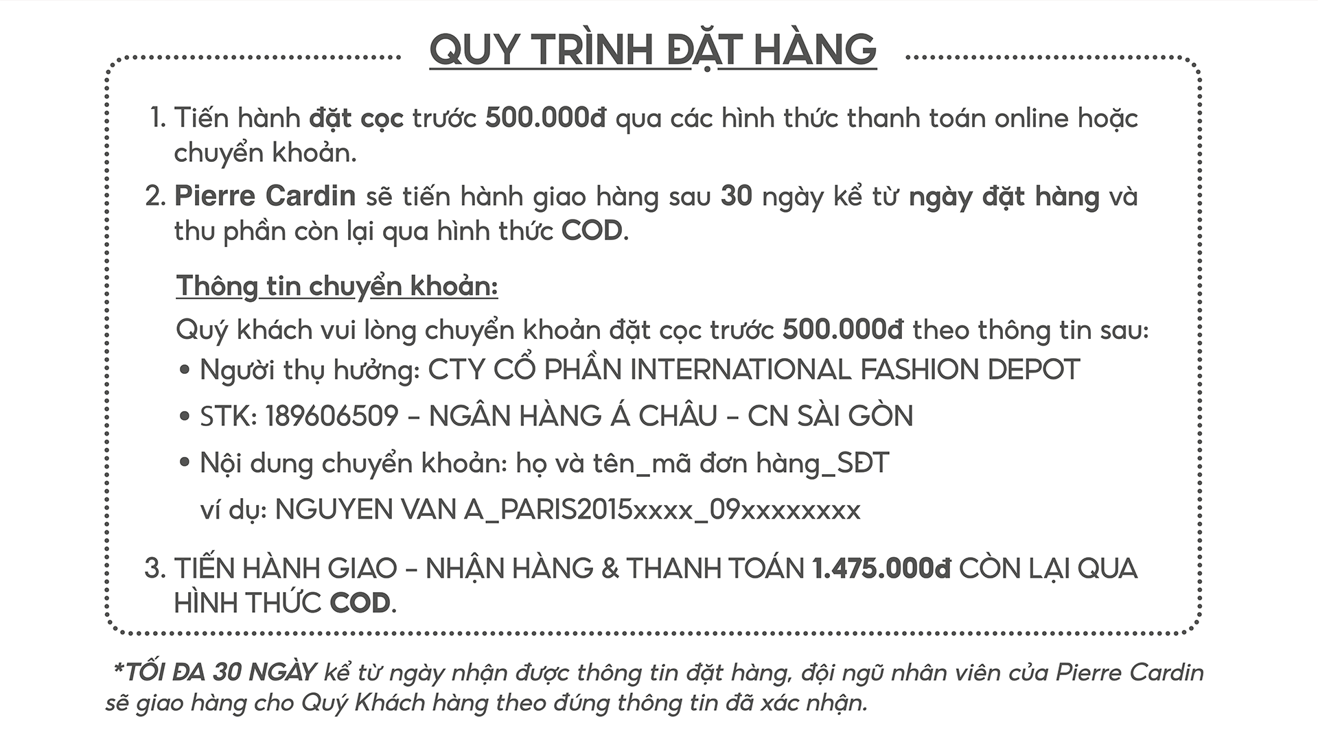 Pierre Cardin Paris Vietnam | THÔNG TIN CHUYỂN CỌC 500K TRƯỚC - TÀI KHOẢN CÔNG TY IFD/ EMALL