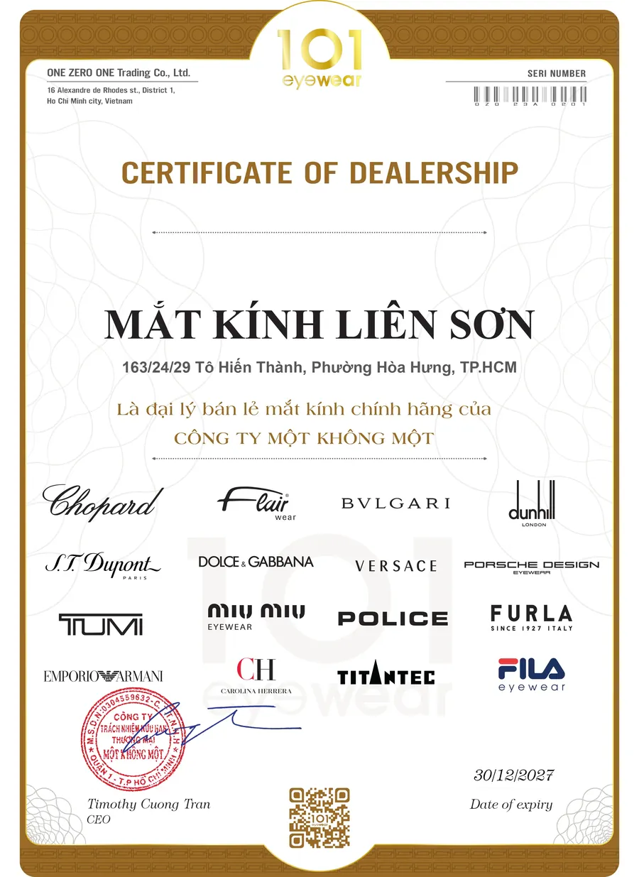 Chứng nhận đại lý phân phối kính Porsche Design chính hãng (Mắt kính 101) tại Liên Sơn Optical Store