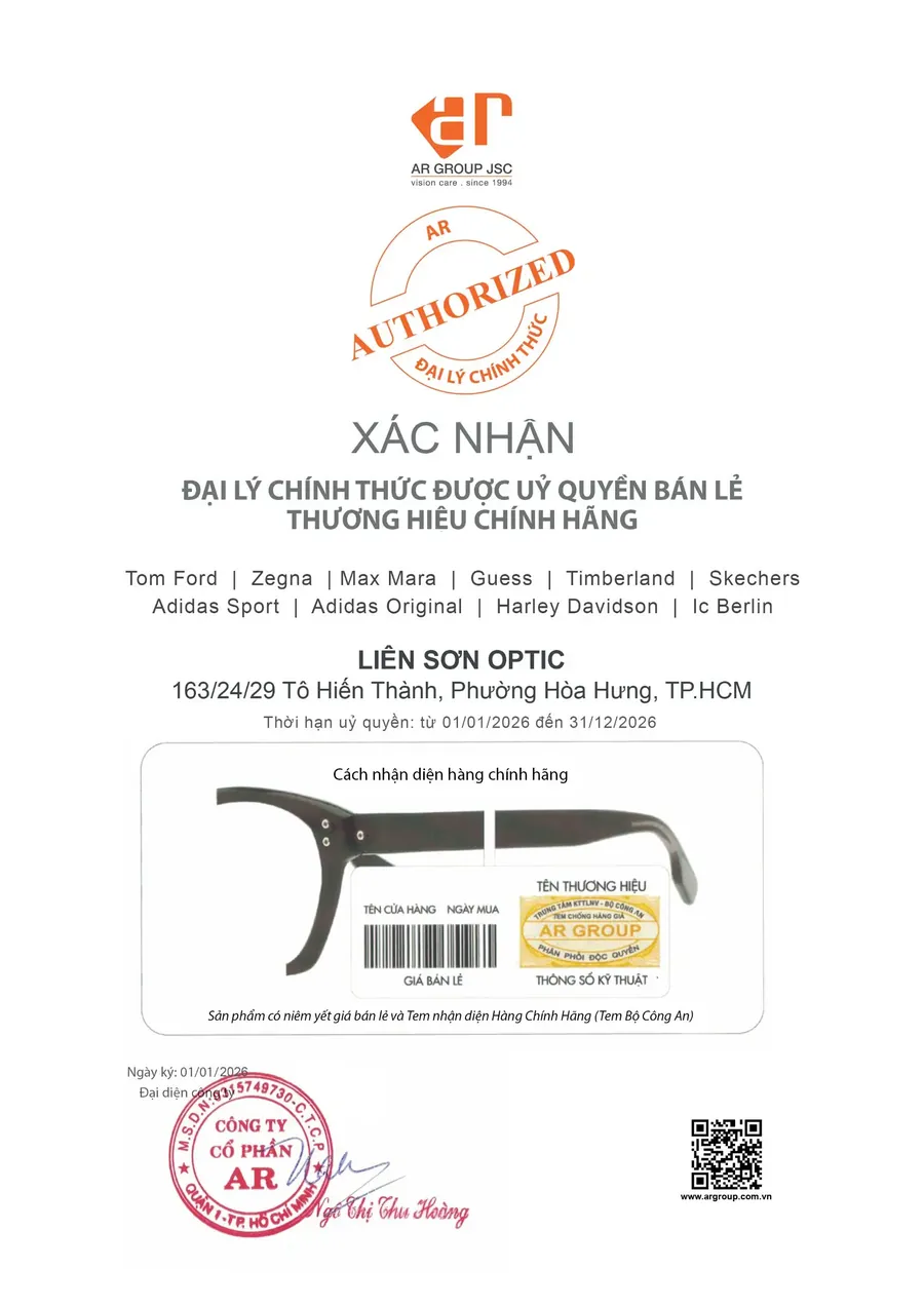 Chứng nhận đại lý phân phối kính Maui Jim chính hãng (AR Group) tại Liên Sơn Optical Store