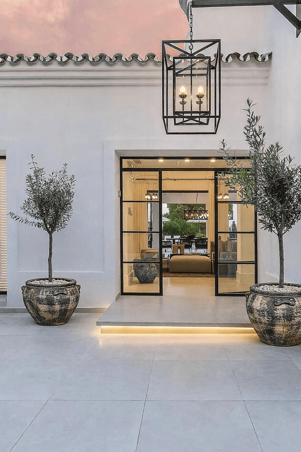 Large rustic planters with olive trees placed symmetrically at the front entrance of a modern house