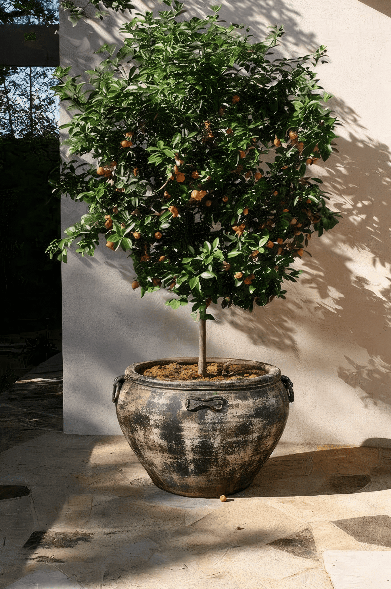 Round rustic ceramic planter with a fruit tree positioned on a sunny outdoor garden patio against a textured wall