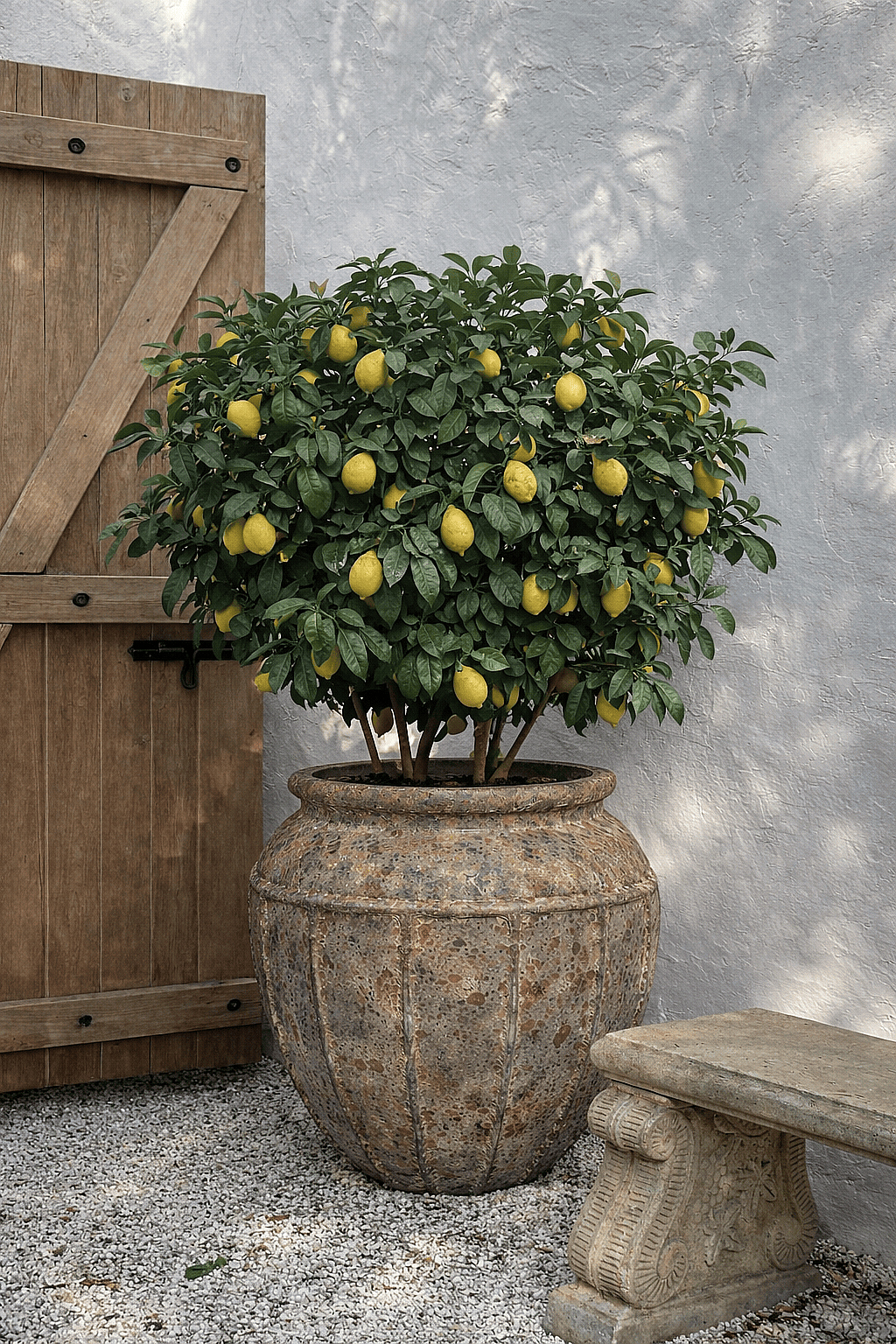 Large rustic ceramic planter with a lemon tree placed in a Mediterranean style garden courtyard beside a wooden gate and stone bench
