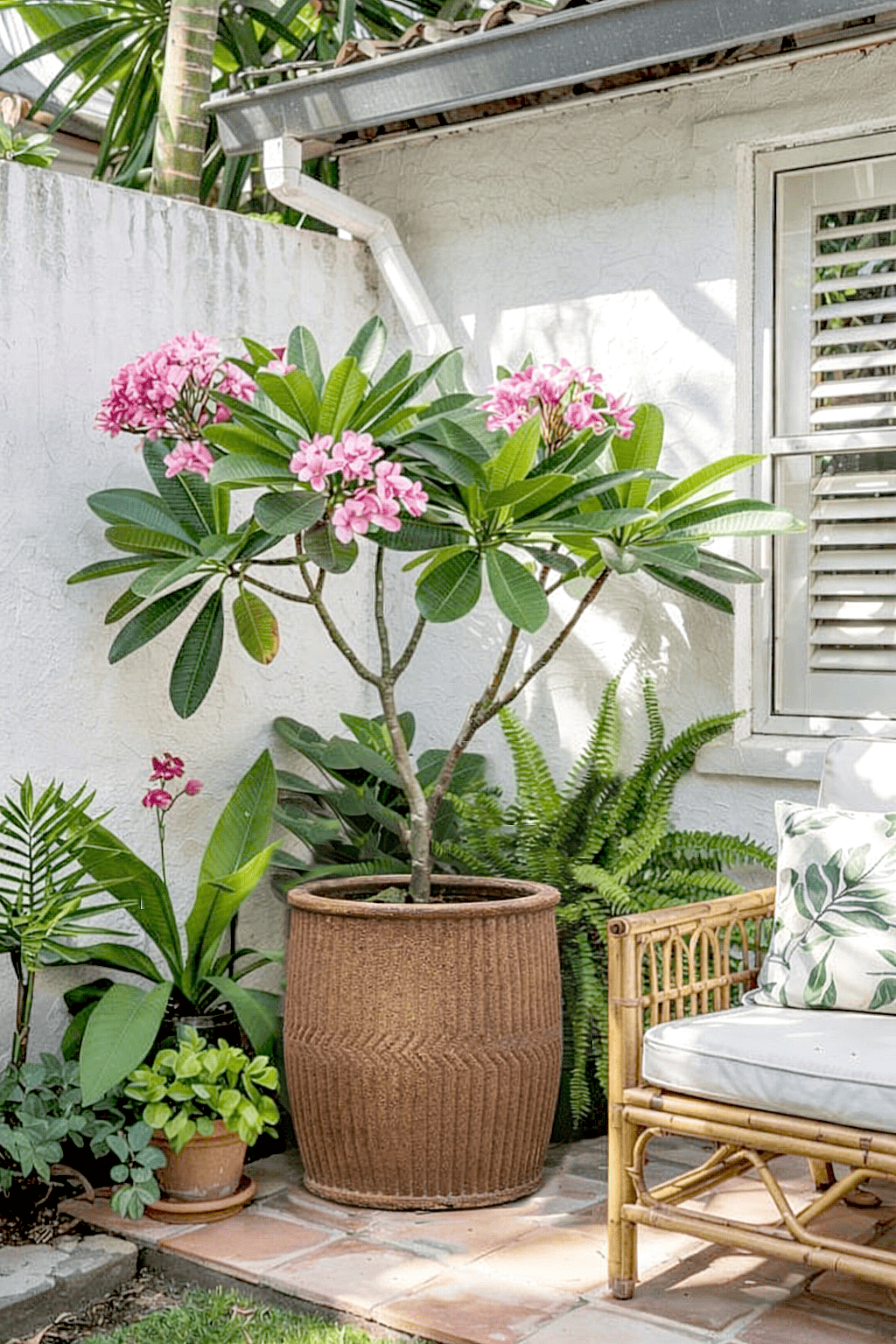 Textured ceramic planter with a blooming plumeria tree placed in a tropical garden patio surrounded by greenery