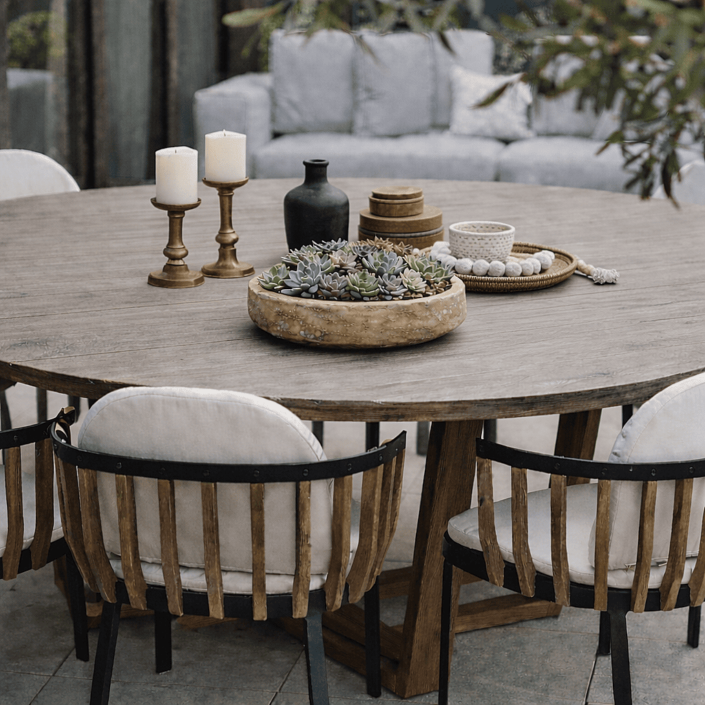 Low round ceramic bowl planter with succulent plants used as a centerpiece on an outdoor garden dining table