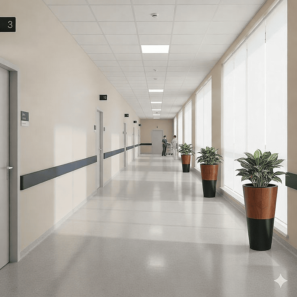 Tall wood veneer planters with indoor plants placed along a bright healthcare center corridor beside large windows
