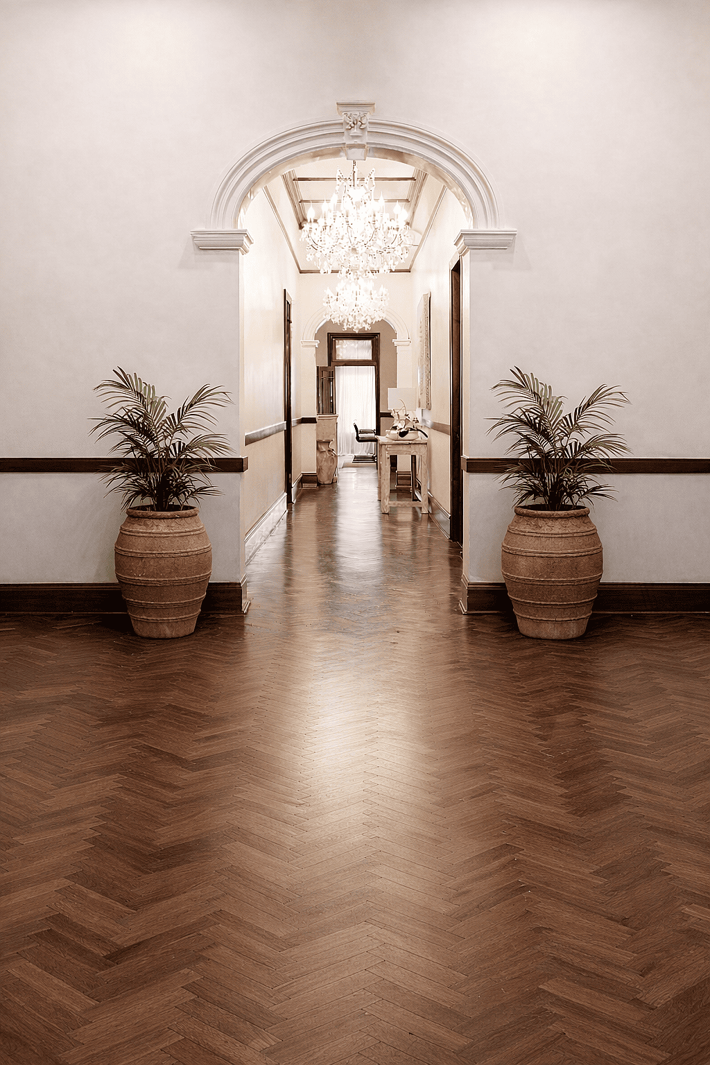 Striped ceramic planters with palm plants placed symmetrically along an elegant hotel corridor with chandelier lighting