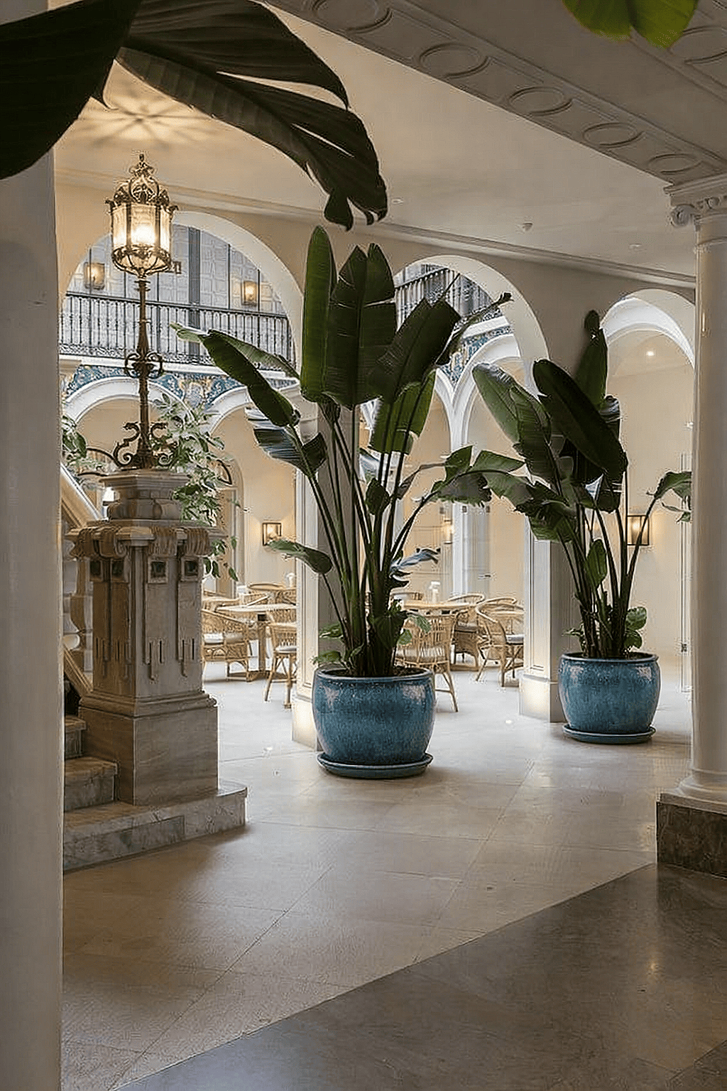 Large blue glazed ceramic planters with tropical plants arranged in a Mediterranean style hotel courtyard