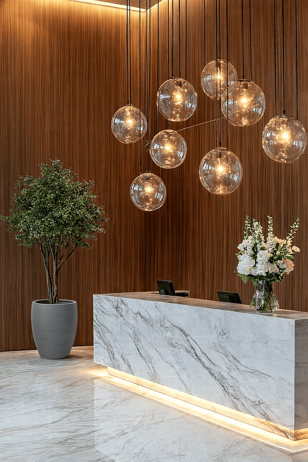 Ribbed tall fiberstone planter with indoor tree placed beside a marble reception desk in a luxury hotel lobby