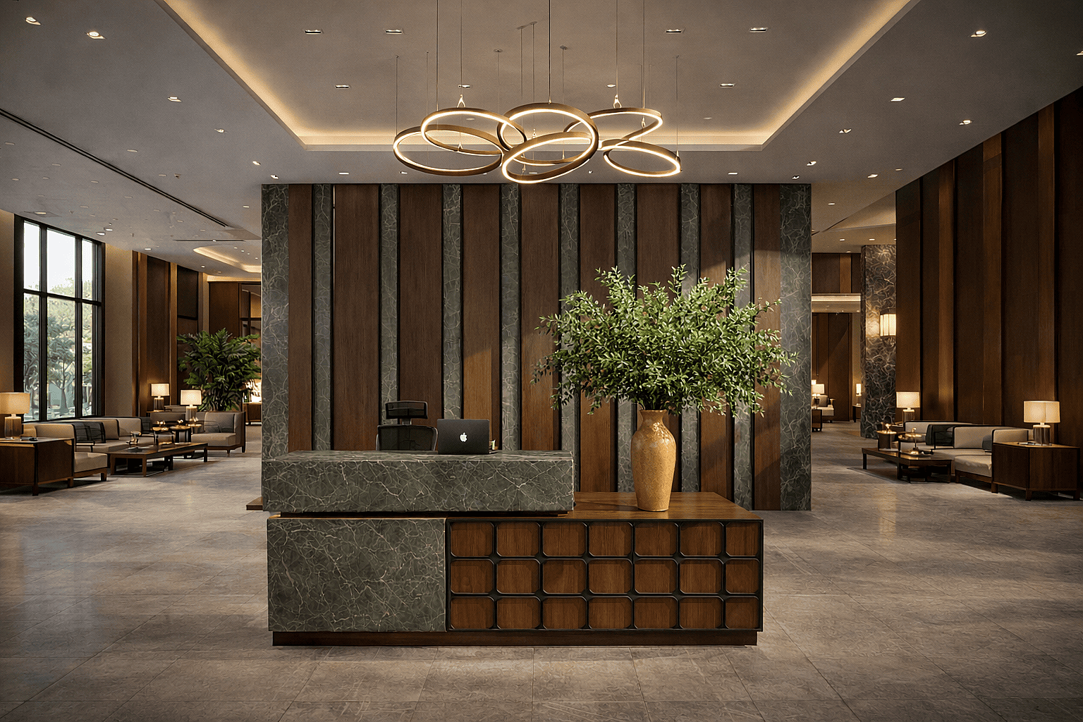 Large decorative ceramic vase with greenery displayed on a reception desk in a luxury hotel lobby interior
