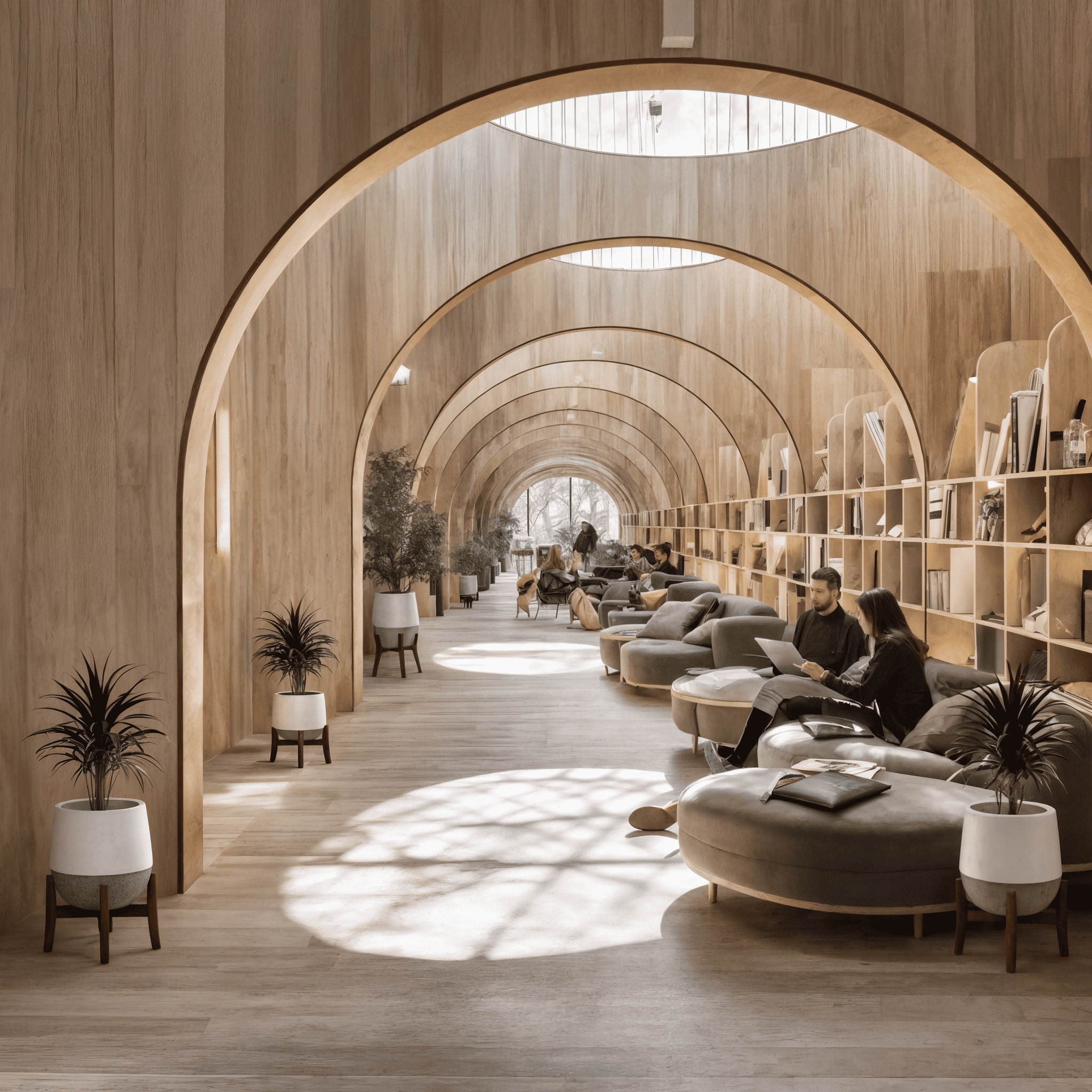 Decorative planters with indoor plants placed along a modern wooden library reading lounge with arched ceiling