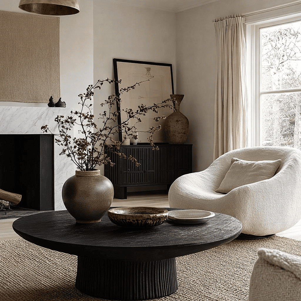 Ceramic vase with decorative branches placed on a coffee table in a modern house living room