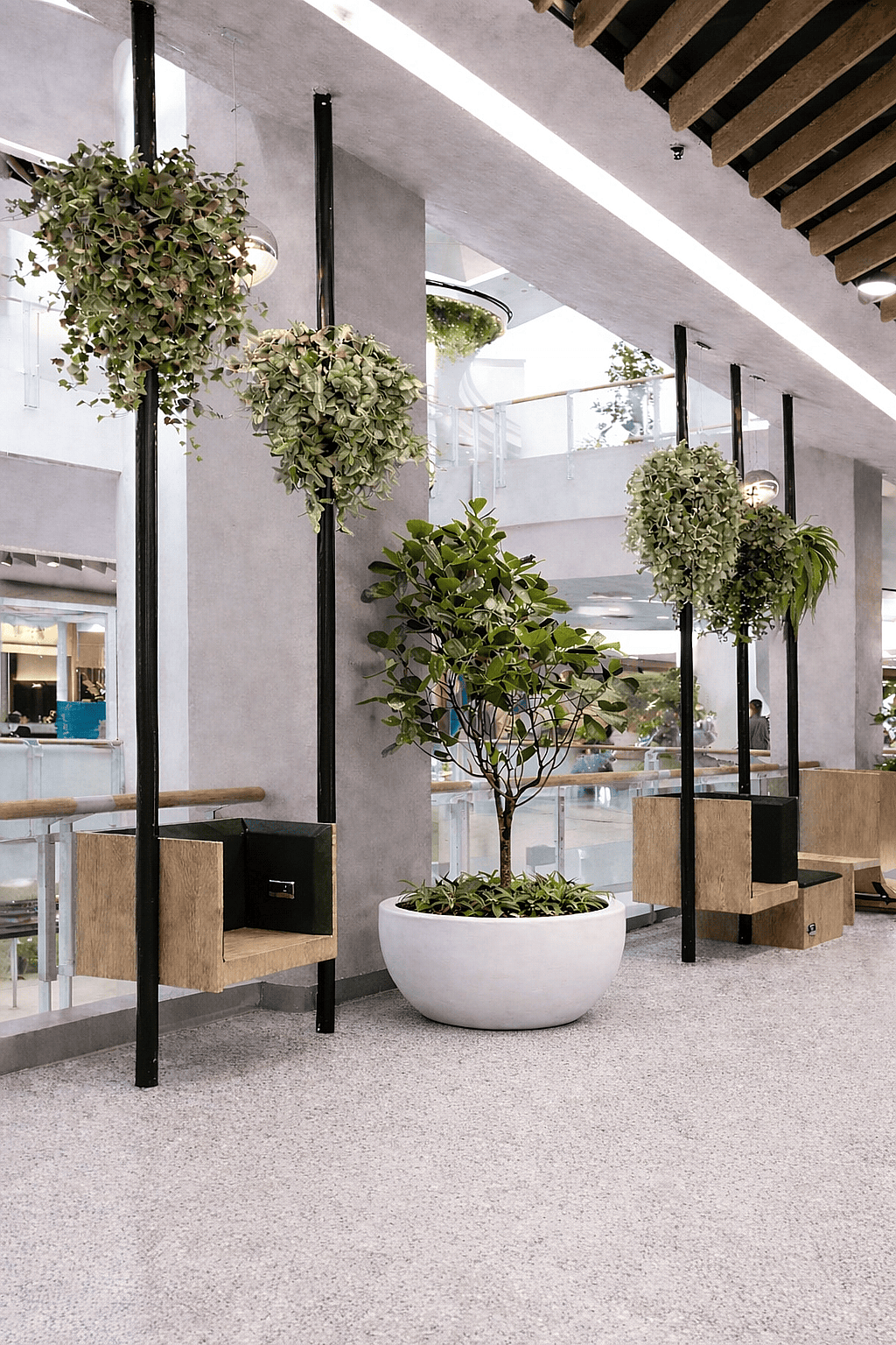 Modern concrete planter with indoor greenery placed along a corridor in a bright mixed-use commercial atrium