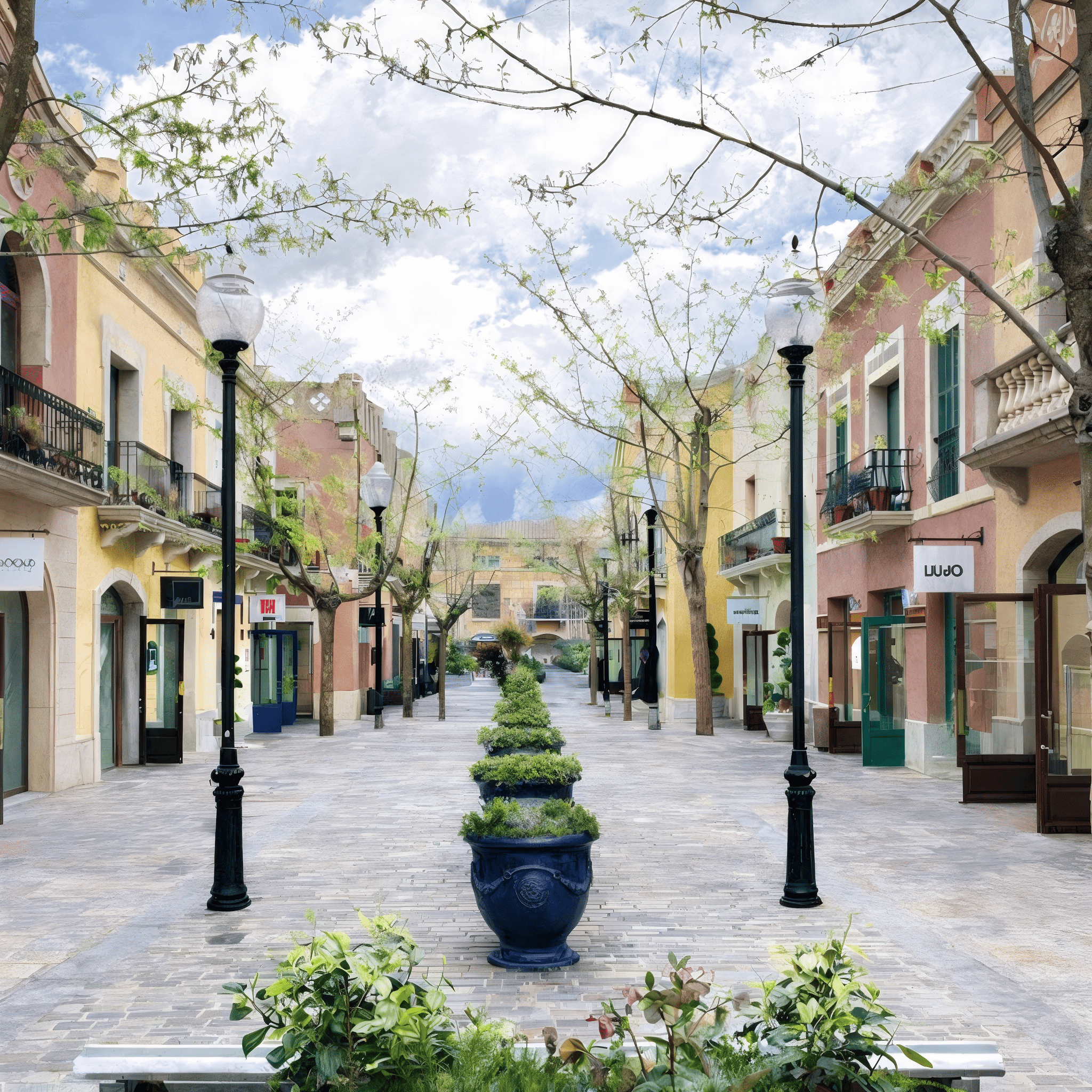 Classic blue ceramic urn planter with sculpted greenery positioned along a pedestrian boulevard in a colorful mixed-use shopping district