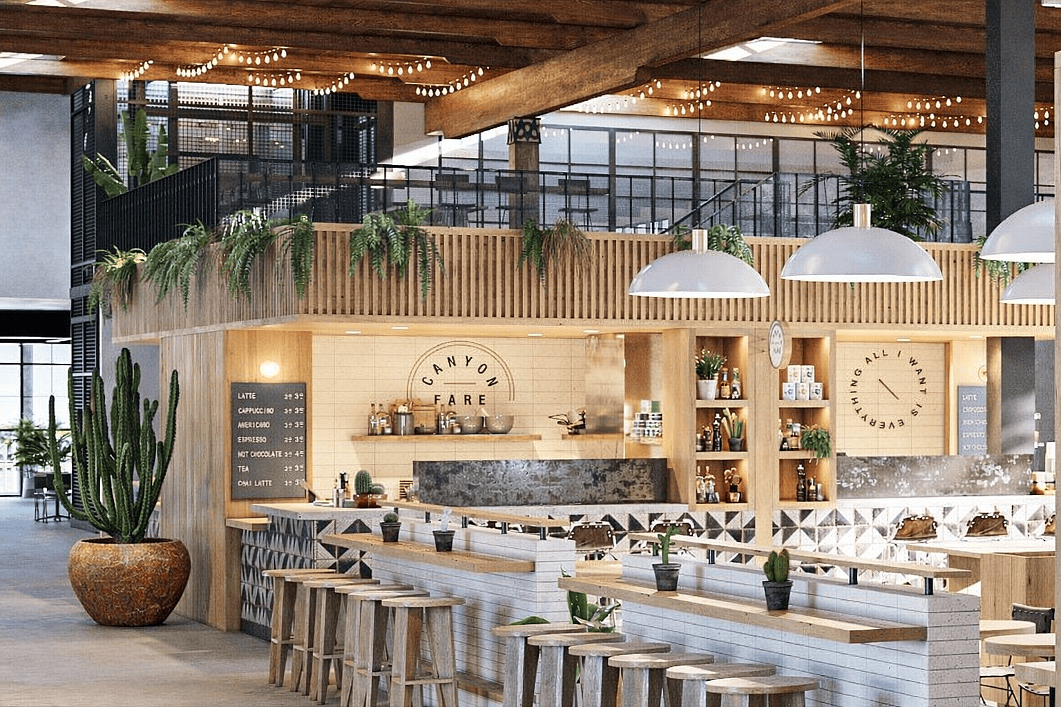 Rustic ceramic planter with cactus plants placed beside seating inside a modern café located within a mixed-use commercial building