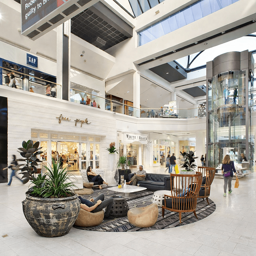 Rustic ceramic bowl planter with tropical foliage displayed in a seating lounge area of a contemporary mixed-use commercial complex