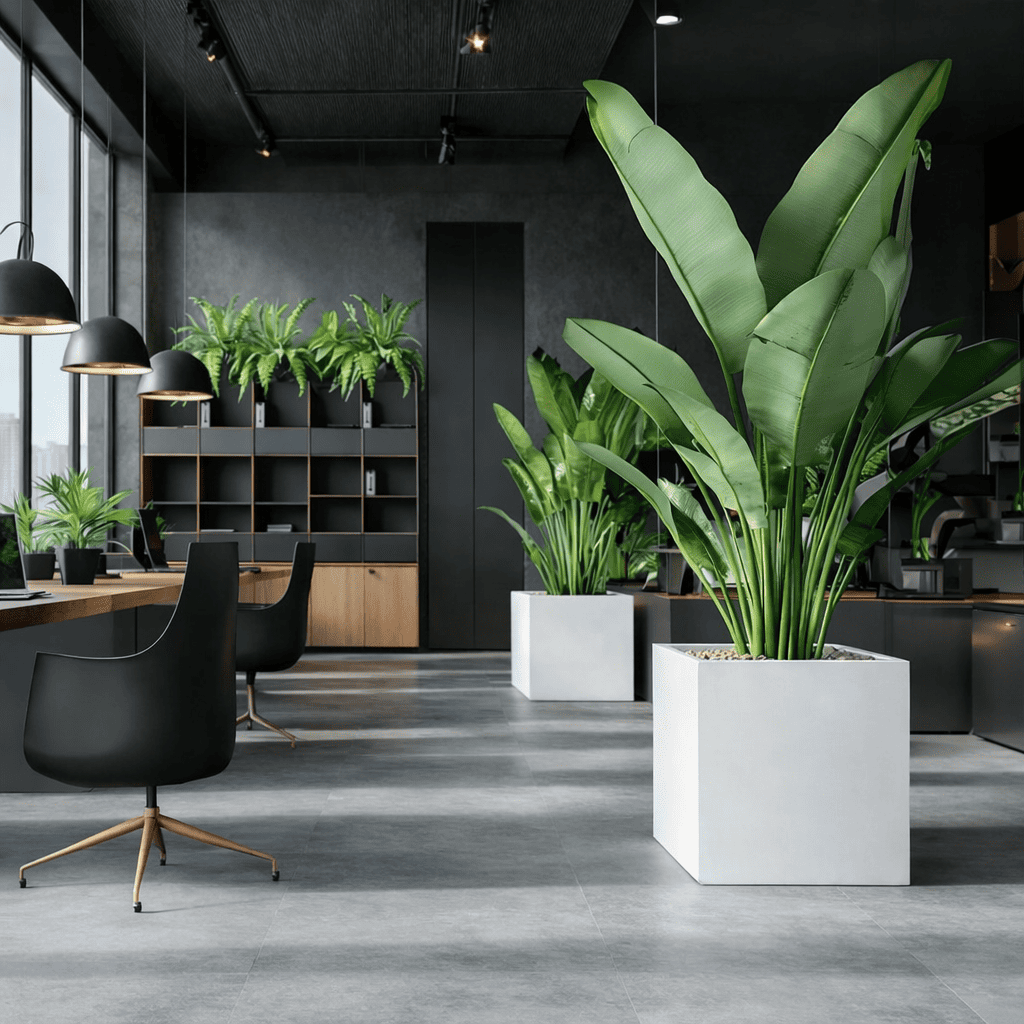 Large white square planters with tropical plants arranged throughout a modern office workspace