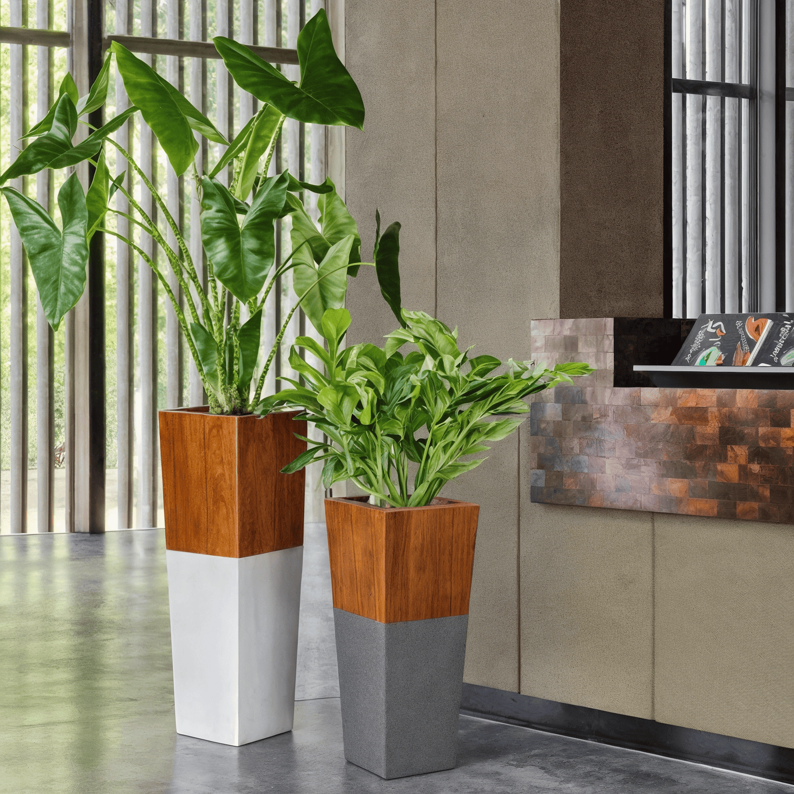Tall tapered planters with wood veneer finish and indoor tropical plants placed in a modern office interior beside large windows