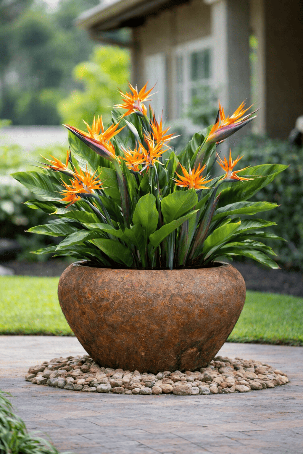 Rustic round ceramic planter with bird of paradise flowers placed in a tropical resort garden setting