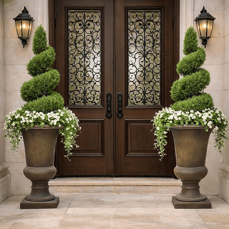 Pair of classic fluted urn planters with spiral topiary plants placed symmetrically at a luxury resort entrance