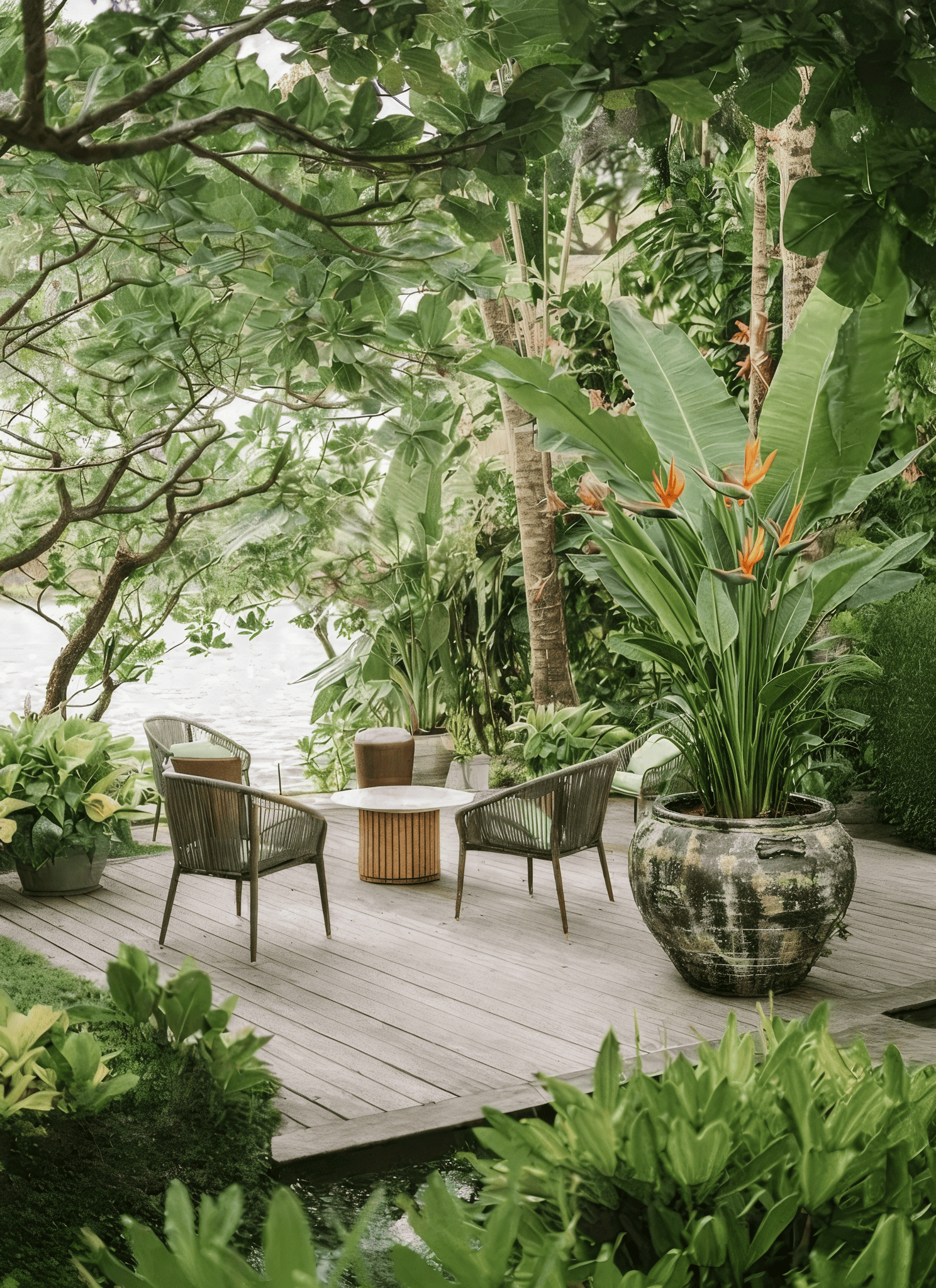 Large rustic bowl planter with tropical foliage placed in a lush tropical resort garden lounge