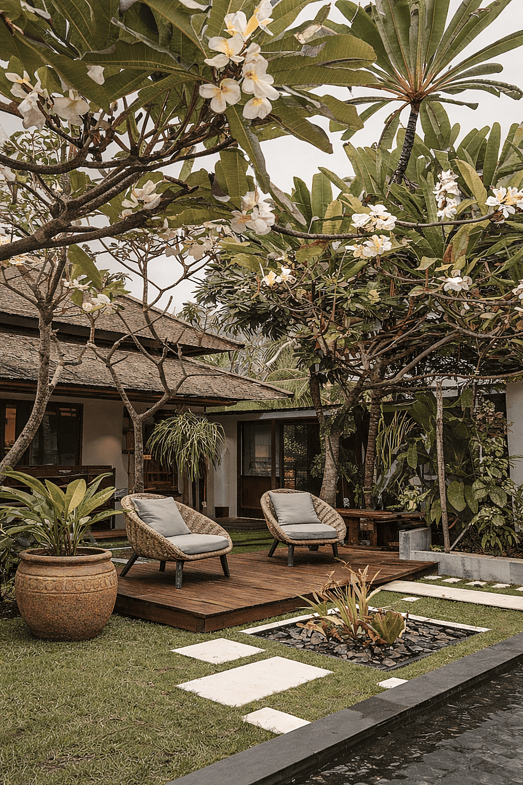 Large rustic ceramic planter with tropical plants placed in a resort garden lounge area with wooden deck seating surrounded by lush greenery