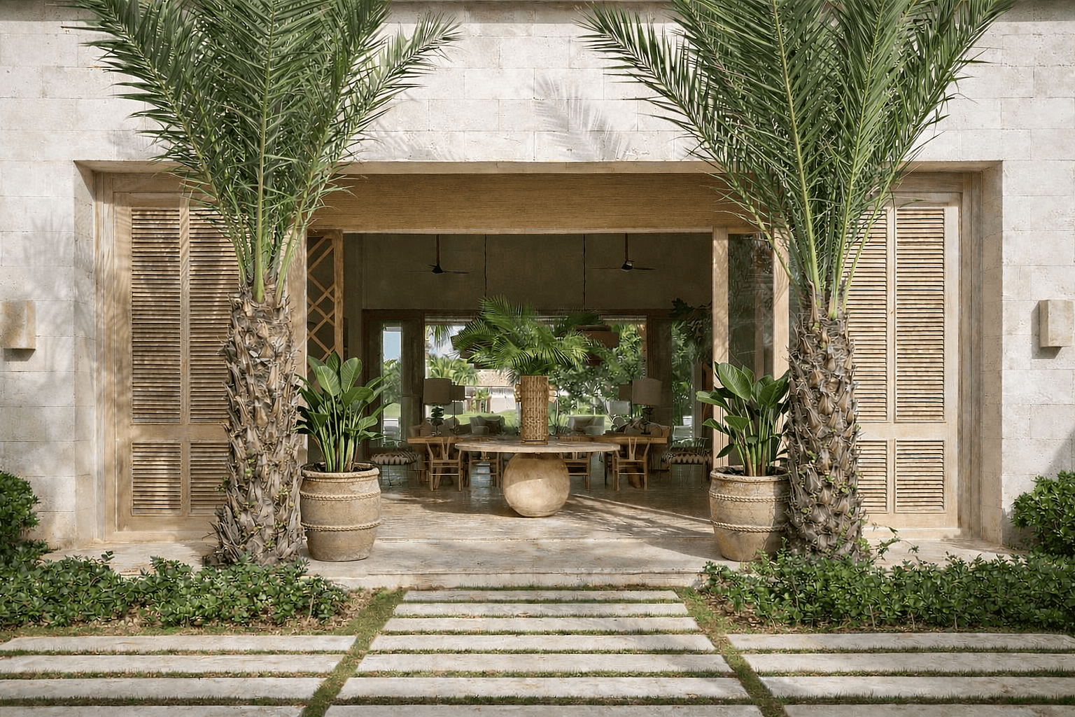 Ribbed ceramic planters with tropical indoor plants decorating the entrance of a luxury resort lobby