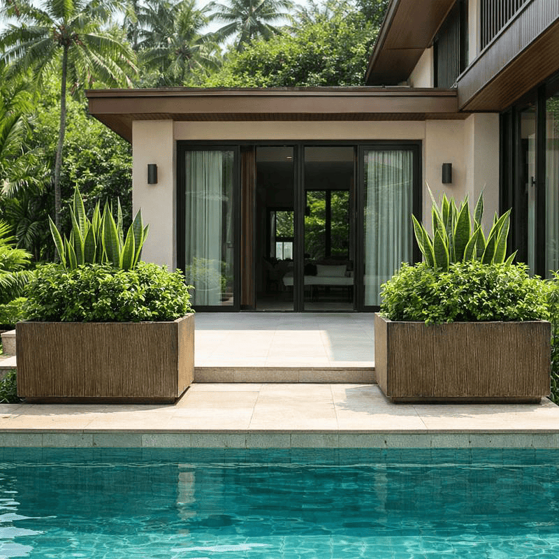 Large rectangular fiberstone planters with tropical plants arranged beside a modern resort swimming pool terrace