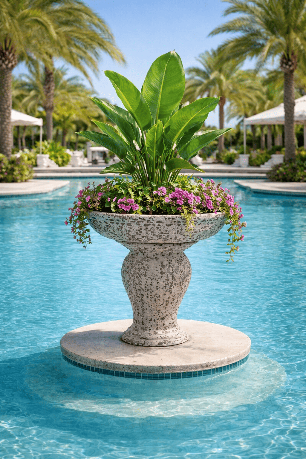 Decorative urn planter with tropical plants positioned on a pedestal in the center of a luxury resort swimming pool