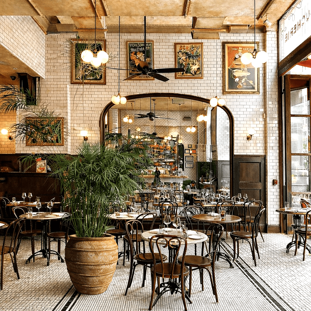 Large rustic ceramic urn planter with tropical palm placed inside a spacious restaurant dining hall