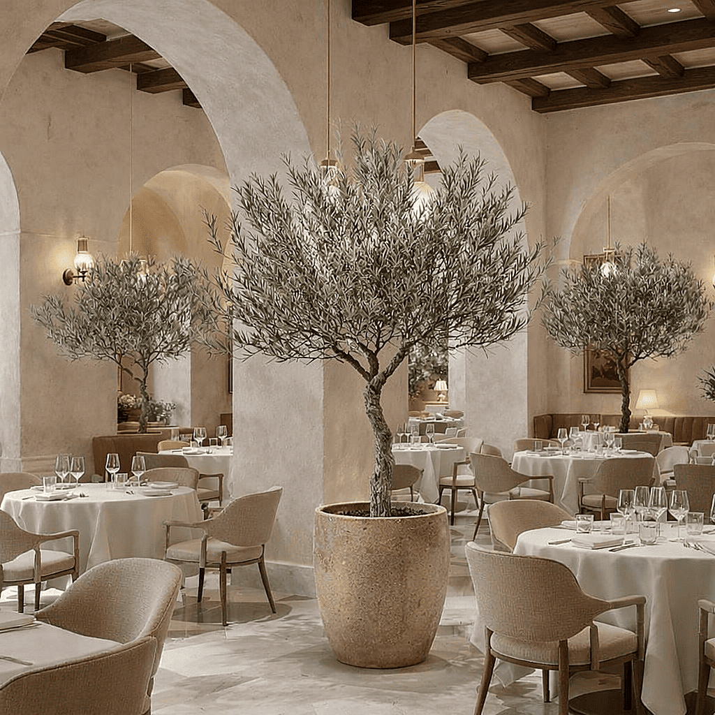 Large round ceramic planter with olive tree placed in the center of an elegant restaurant dining room