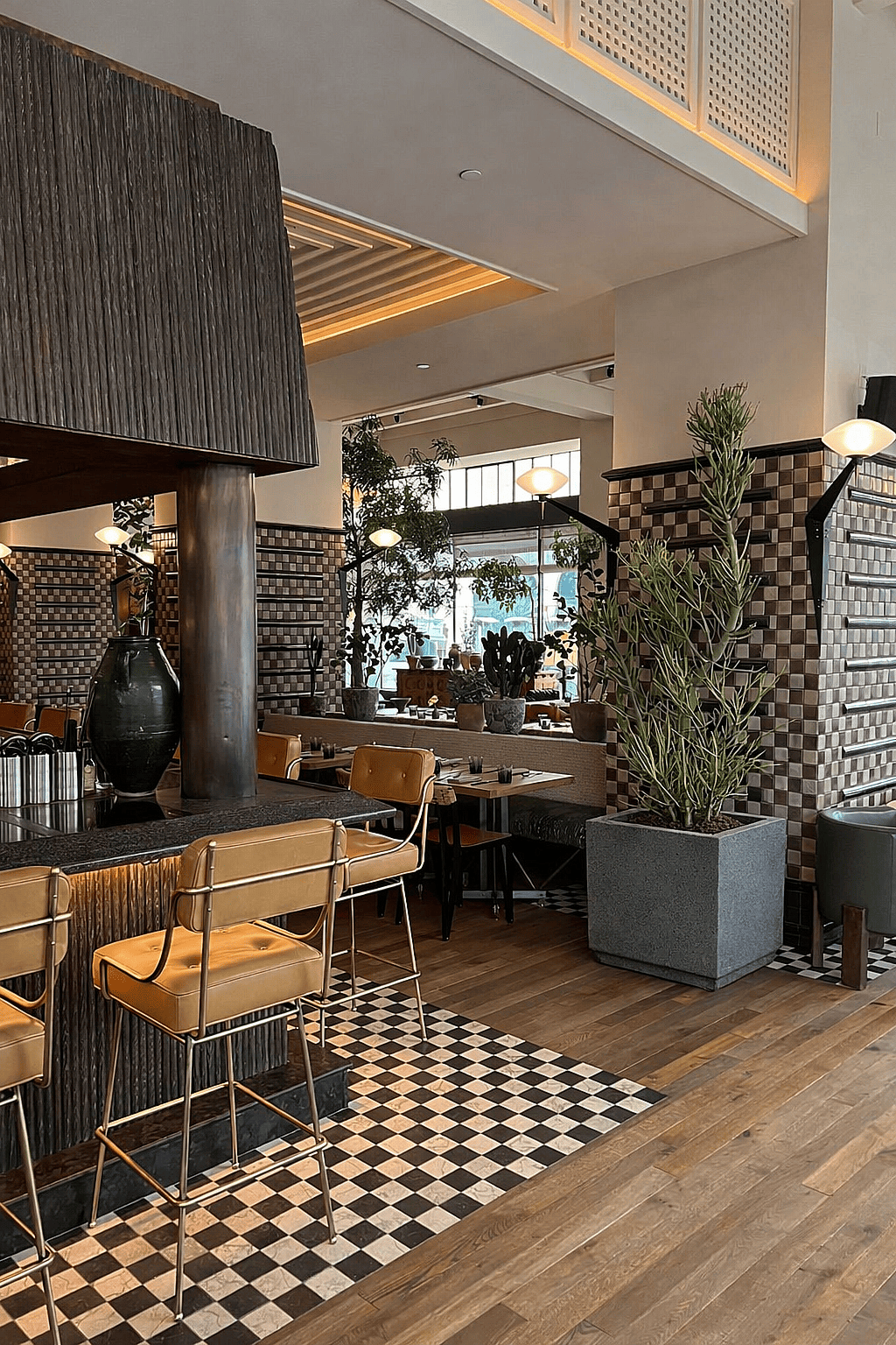 Modern square stone planter with olive tree positioned inside a contemporary restaurant dining space