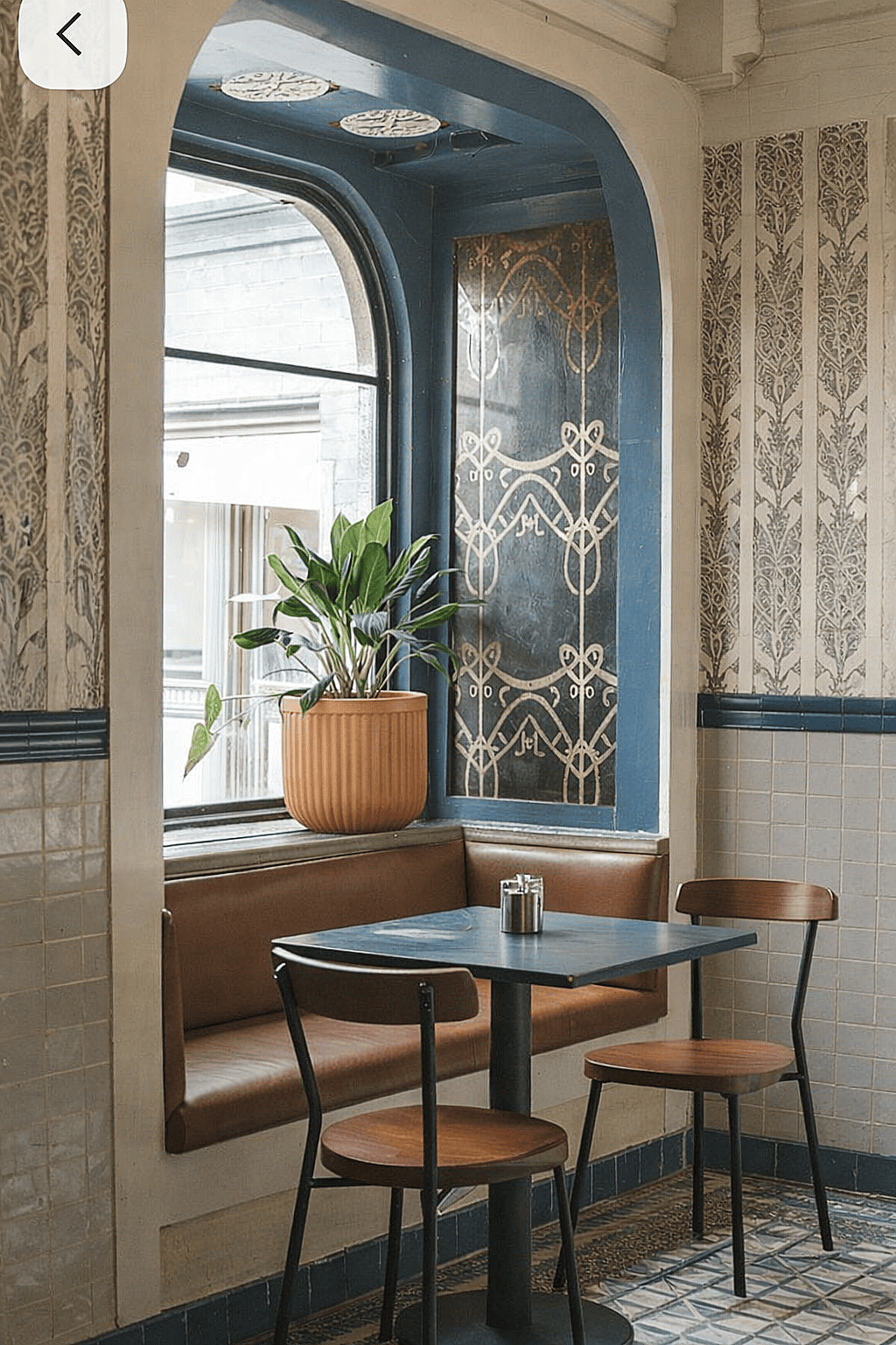 Ribbed ceramic planter with indoor greenery placed on a window ledge seating area in a cozy café style restaurant