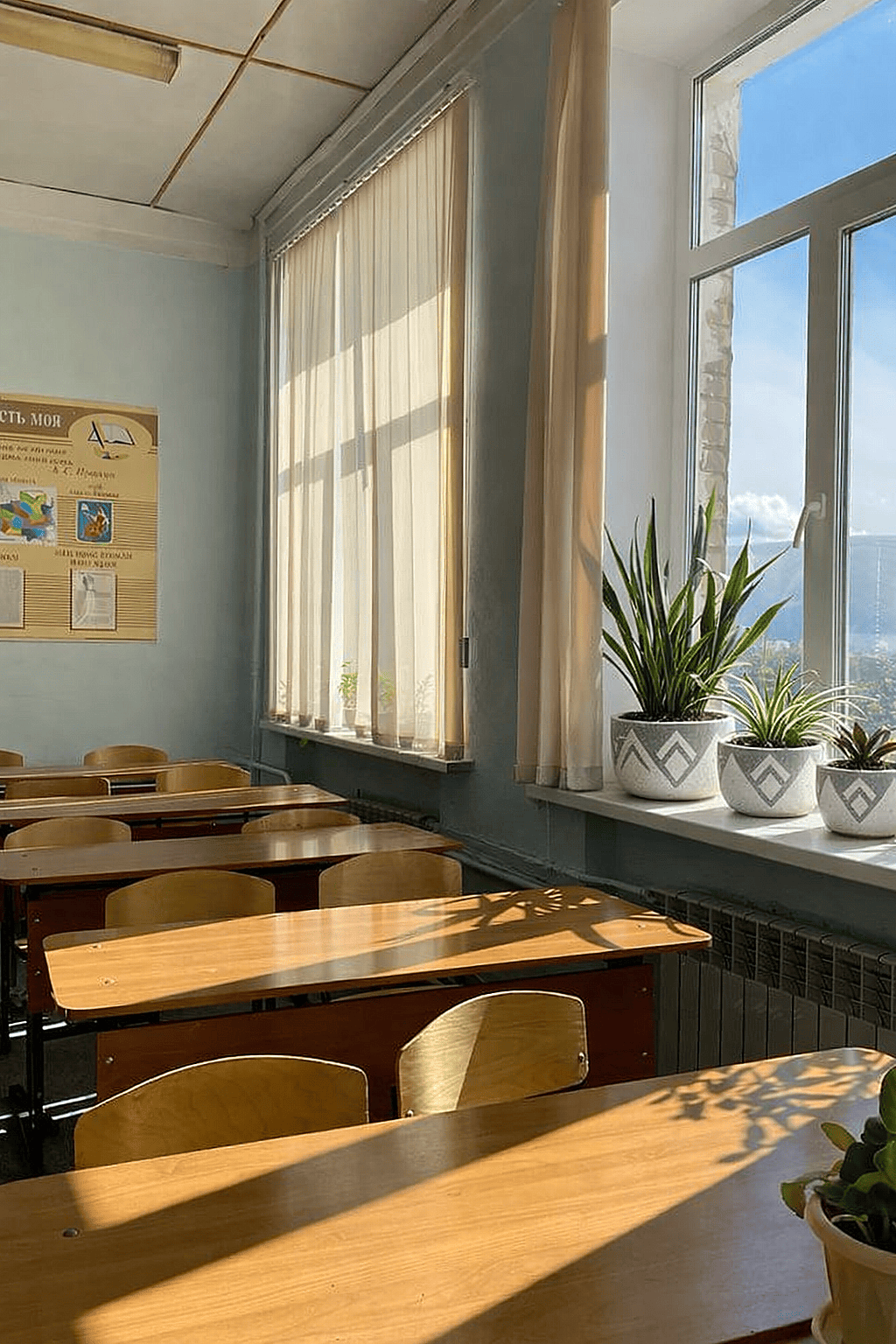 Small decorative planters with indoor plants arranged on a classroom windowsill beside wooden student desks