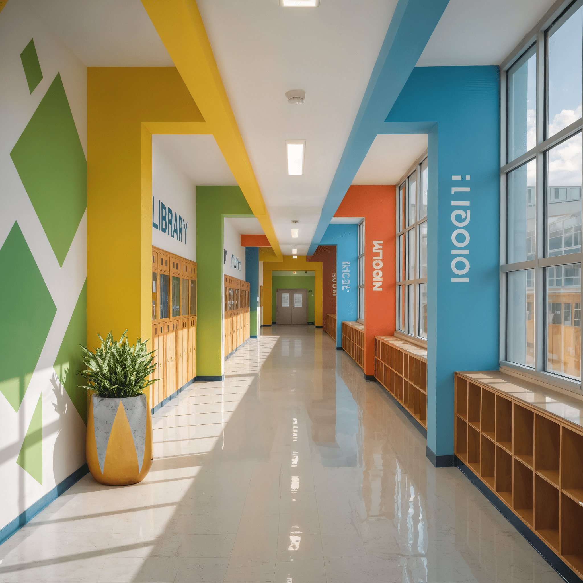 Large decorative planter with indoor plant placed in a colorful school corridor beside classroom lockers
