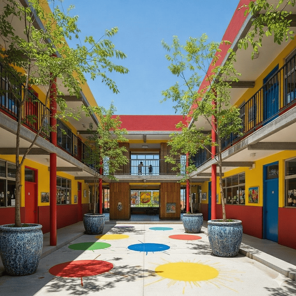 Large ceramic planters with trees arranged symmetrically in a vibrant school courtyard