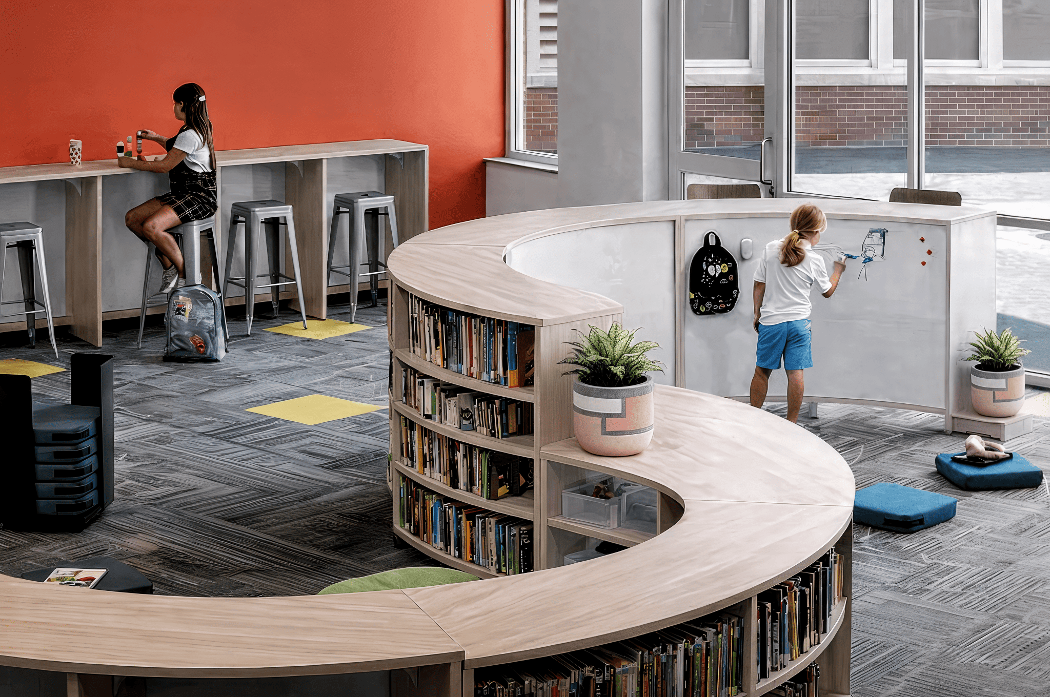 Decorative planter with indoor greenery placed inside a modern school collaborative learning area