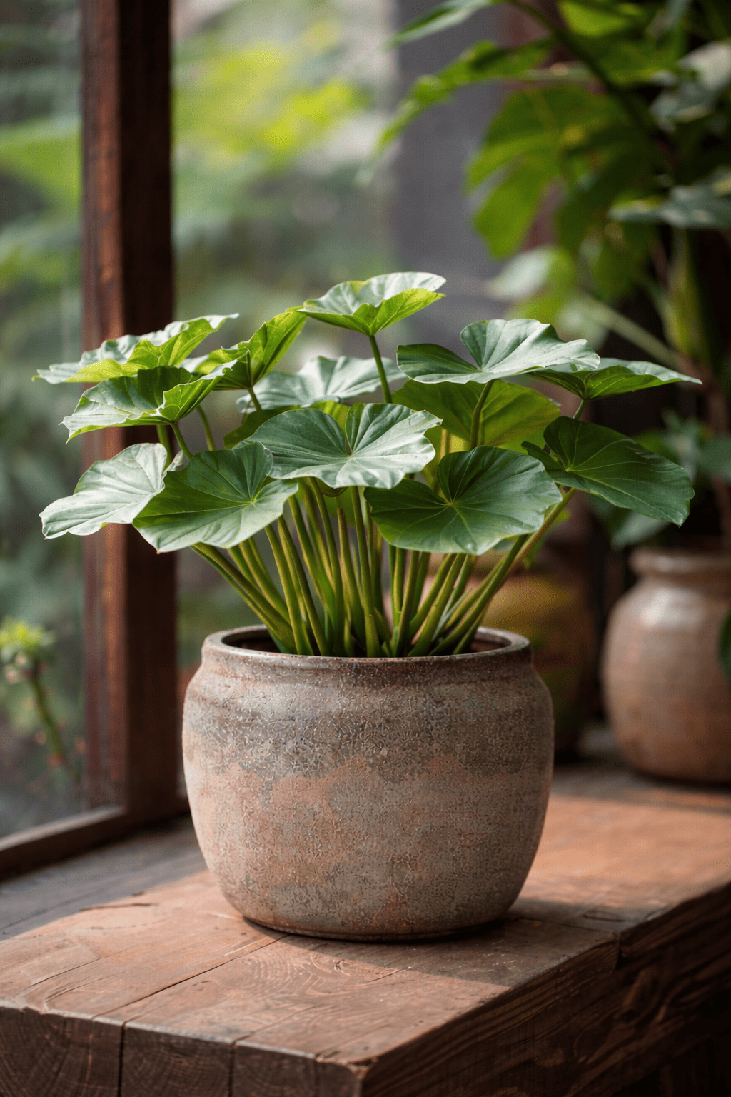 Green foliage plant in a rustic ceramic planter displayed on a wooden surface near a house window